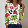 Women's Fashion Casual V-Neck Long Sleeve Decorative Button Christmas Print Top