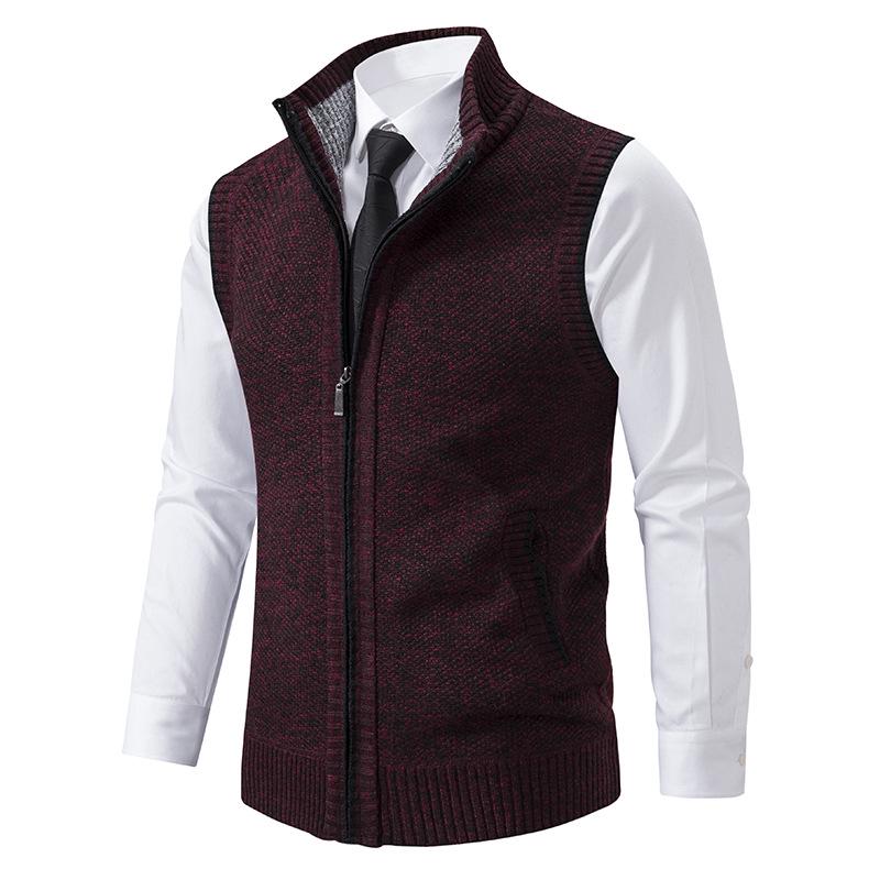Men's Autumn/Winter Fleece-Lined Knit Sweater Vest with Stand Collar