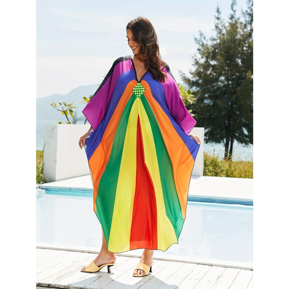 Women's Boho Cover Up, Plus Size Rainbow Colorful Braided Detail V Neck Batwing Sleeve Maxi Beach Kaftan Dress