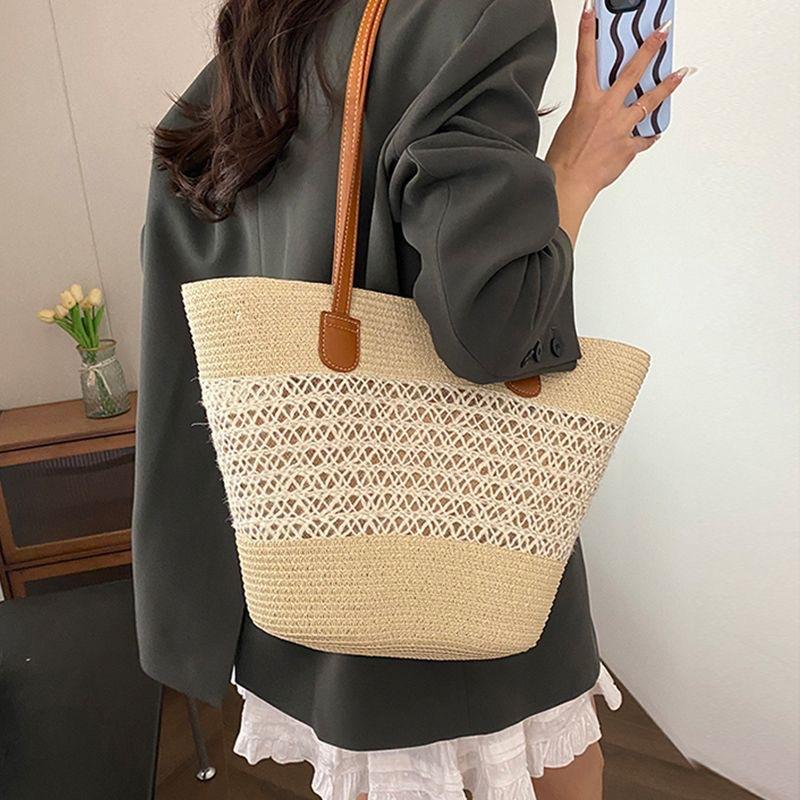 Summer striped shoulder commuter straw bag new large capacity casual fashion women's beach tote bag