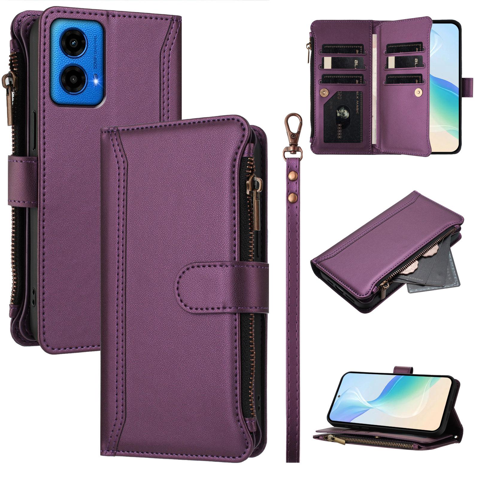 

For Motorola Moto G34 5G/Motorola Moto G45 5G Leather Case 9 Card Slots Zipper Wallet Stand Phone Cover with Wrist Strap Purple