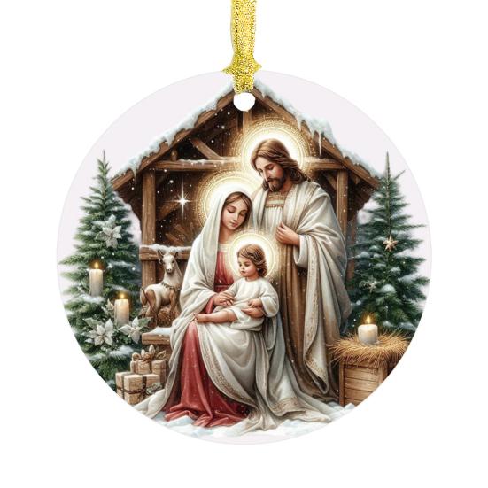 Nativity Night Ornament Round Acrylic Birth of Jesus Christ Hanging Decoration Religious Themed Christmas Keepsake for Winter Xmas Tree Decor