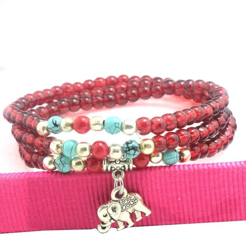 Retro Elephant Charm Multilayed 6mm Red Garnet Beaded Bracelet Gemstone Bracelet