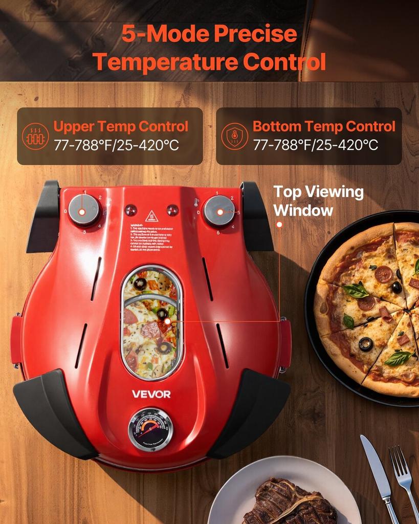 Pizza Oven, 304.8 mm Electric Pizza Maker, 1200W Electric Pizzas Cooker with Cordierite Stone, 5-Mode Temperature Control, Viewing Window for Precise