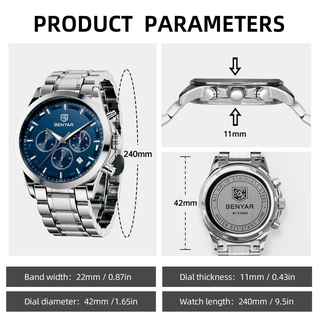 BY BENYAR Wristwatch Men's Chronograph Silver Blue