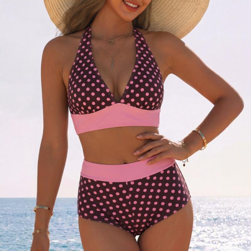 European and American Style Polka Dots Contrasting Colors Split Bikini Swimsuit Women Looking Thin High Waist Sexy Beach Vacation Swimsuit New