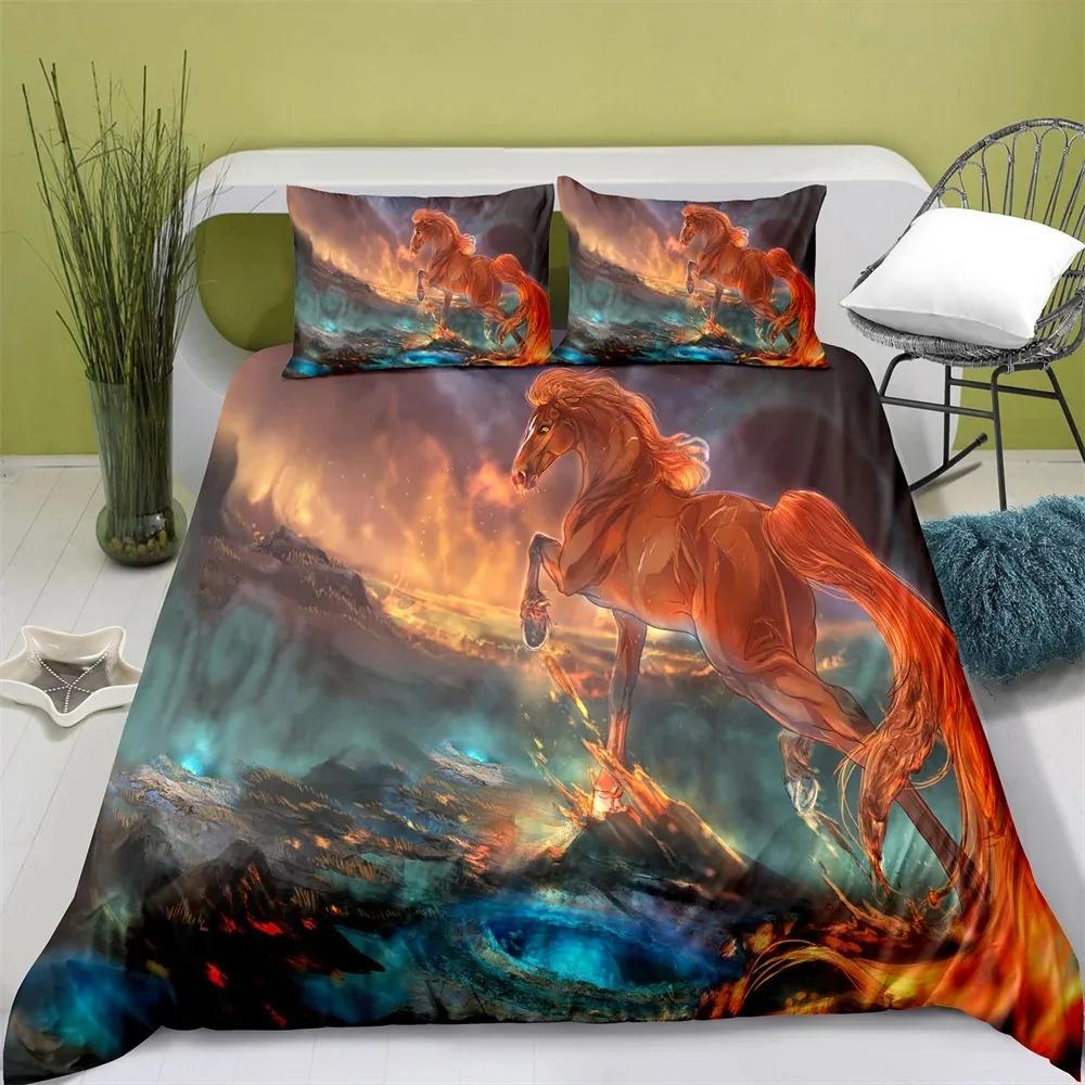 3D Pferd Bettbezug Full,Pferd Schwarzweiß Bettwäscheset für Jungen Mädchen Teenager Pferde Tiere Laufen im Schnee Bettdeckenbezug Set
