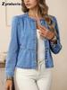 New Women's Ruffled Hem Denim Shirt Jacket with Puff Sleeve Top