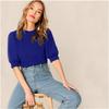 Women Puff Sleeve Blouse Round Neck Casual Loose Solid Top