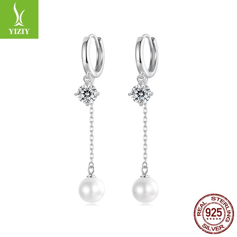 S925 Sterling Silver Bead Fringed Ear Buckle Smart Shining Long Face Small Earrings Earrings