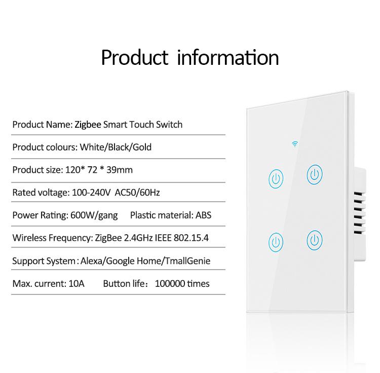 For Zigbee 2 Gang Smart Tempered Glass Wall Touch Panel Switch Remote Control 10A ABS Neutral Light Power Switch Alexa/Google