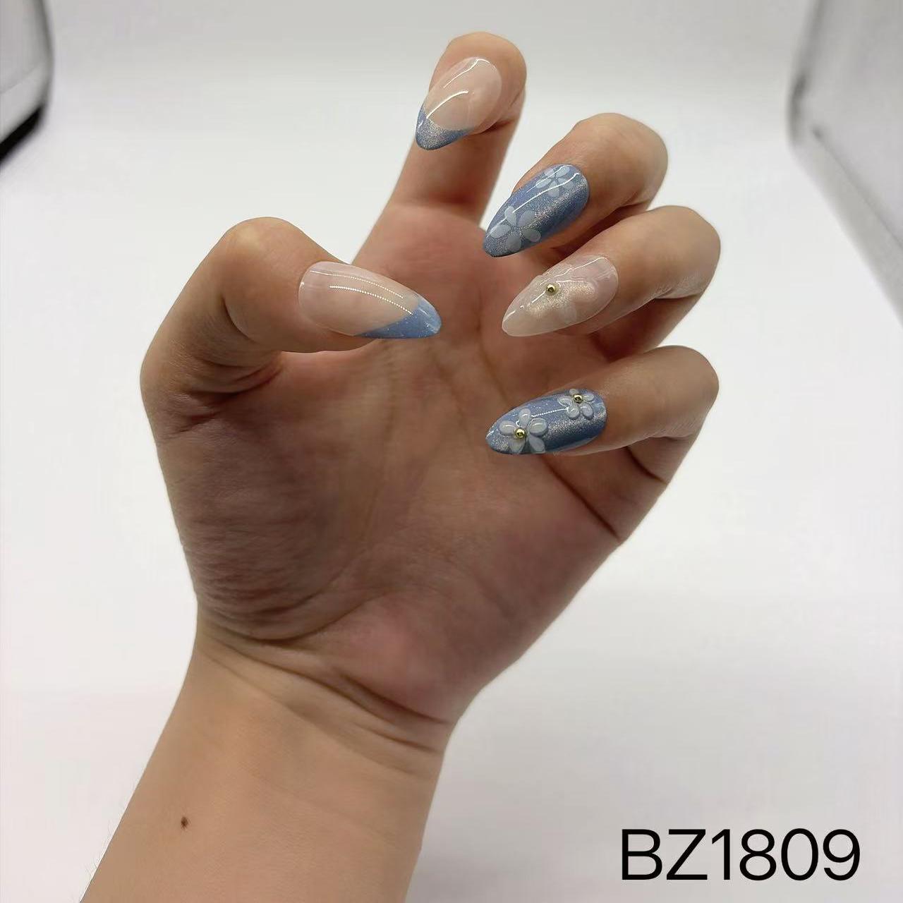 Stylish Almond-shaped ABS Material Nail Stickers Blue Texture Hand-painted White Flowers; Reusable French Manicure Set Finger) BZ1809