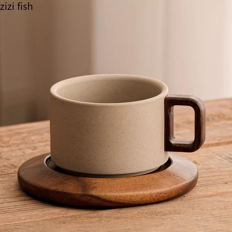 Coarse Pottery Coffee Cup Wooden Pallet Sharp Bottomed Water Cups Breakfast Cups Coffee Mug Afternoon Tea Cup Milk Mug