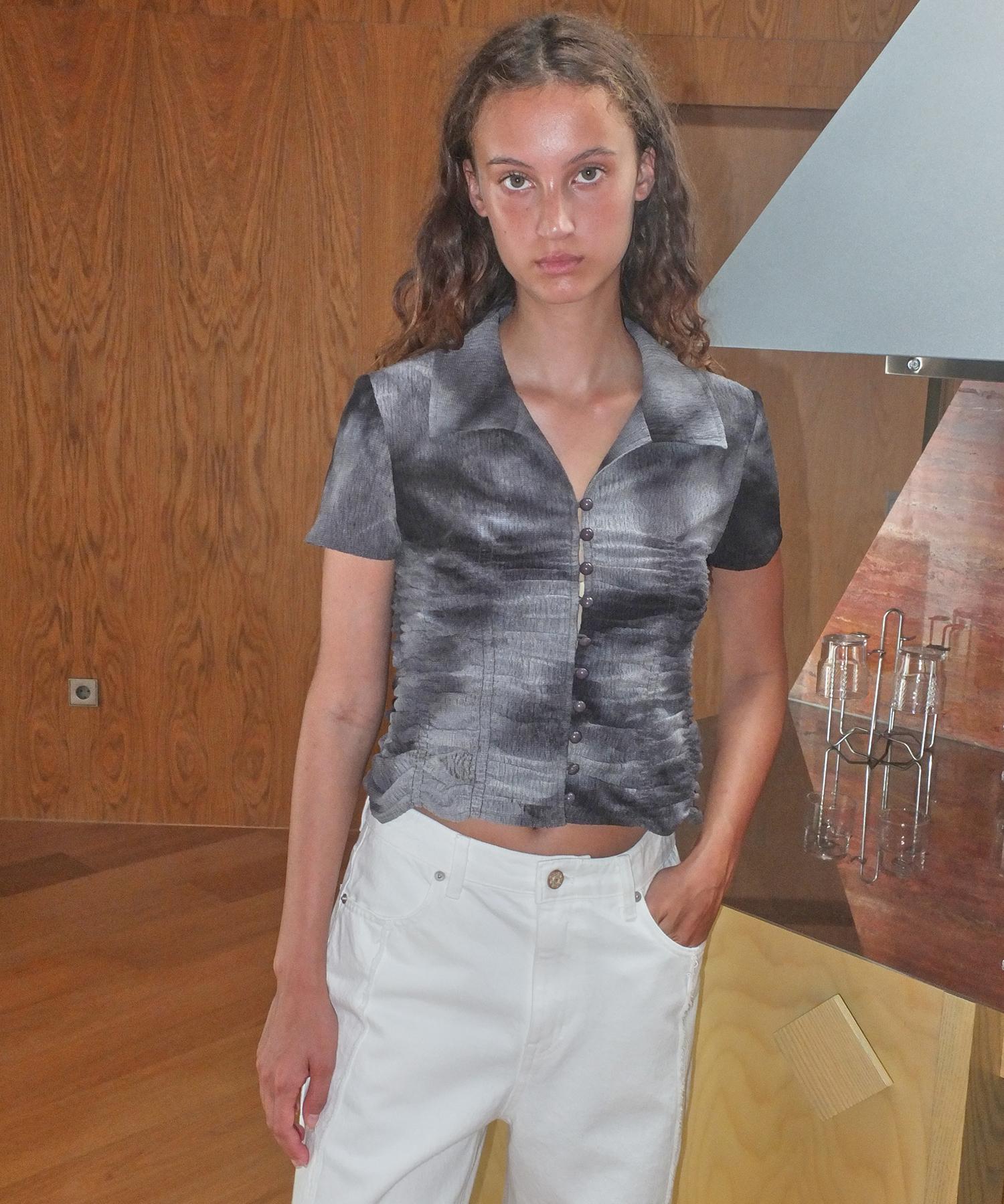 Enor Tie Dye Shirring Blouse - Gray Grey/M