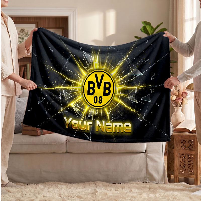 Couverture en polaire personnalisée Borussia Dortmund avec logo de football, texte de nom personnalisé, couverture d'appoint douce et chaude pour la maison