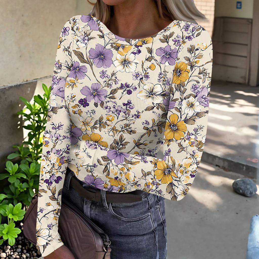 Women's Casual Ribbed Long Sleeve Top Floral Print Crew Neck Stretchy Slim Fit Lightweight Shirt for Everyday Wear