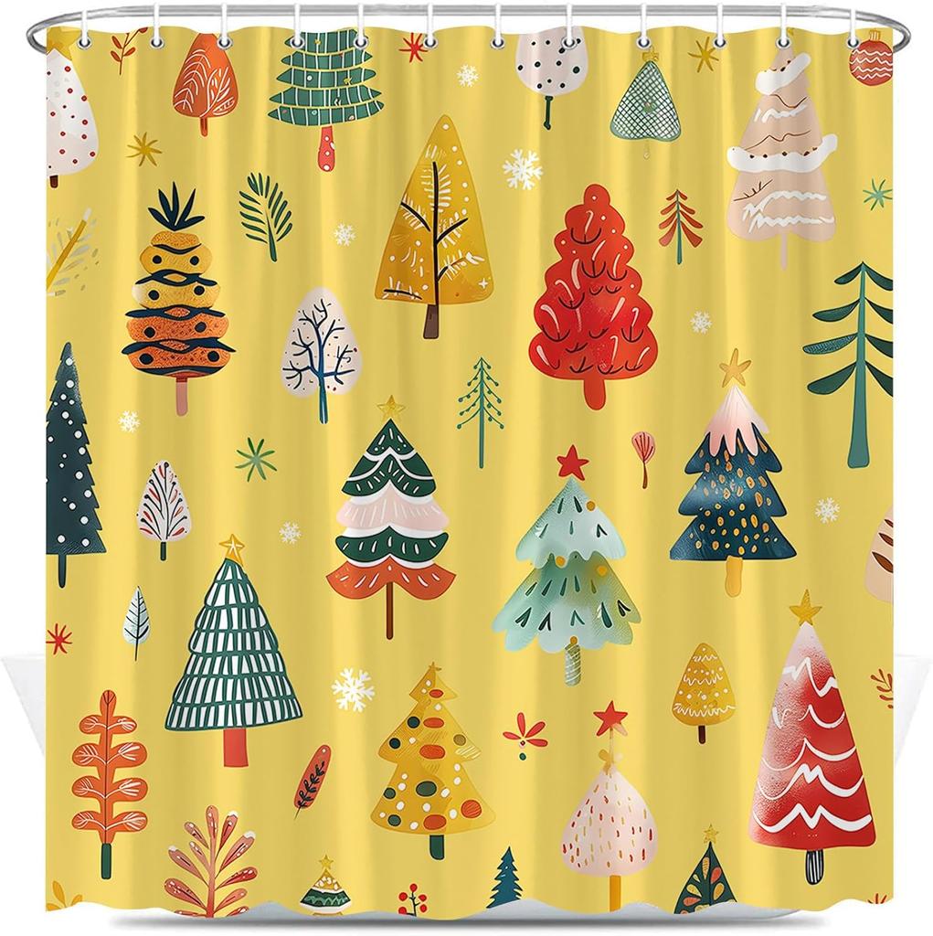 Christmas Tree Shower Curtain Cartoon Xmas Trees Winter Snowflake Cute Pine Fir Happy New Year Holiday Polyester Fabric Bathroom