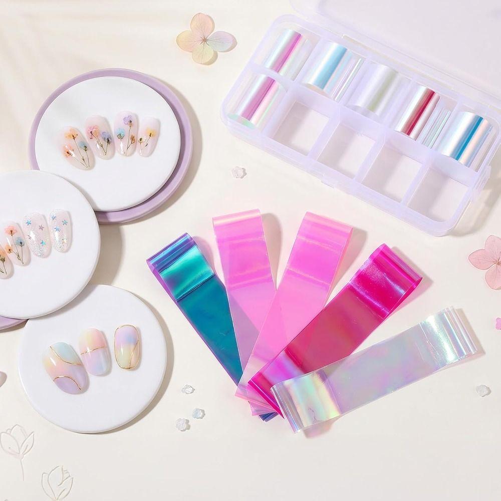 Iridescent Nail Art Stickers 10 Rolls Laser Glass Nail Foils Hot Transfer Decals DIY Manicure