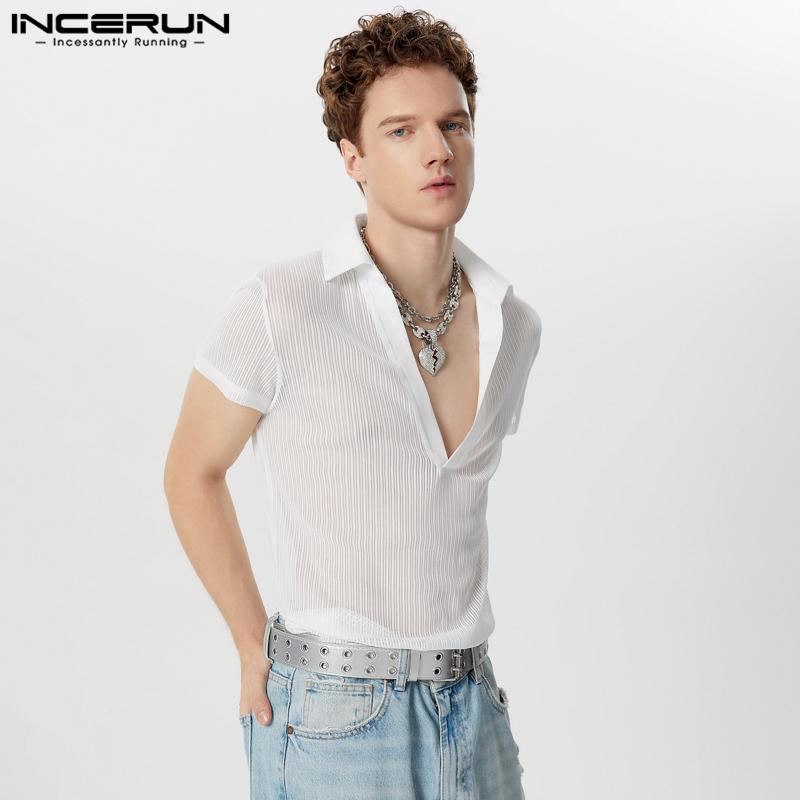 

INCERUN Мужские сетчатые футболки с V-образным вырезом и лацканами, летние прозрачные топы S