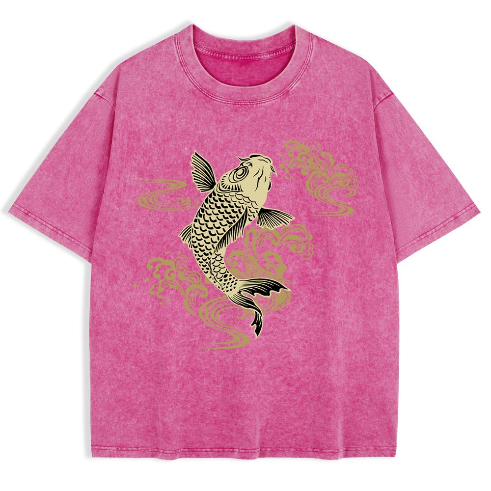 Paper Cut Koi Good Luck Prints Washed T-Shirts Mens Cotton Short Sleeve Tops Basic O-Neck Oversized T Shirt Clothes
