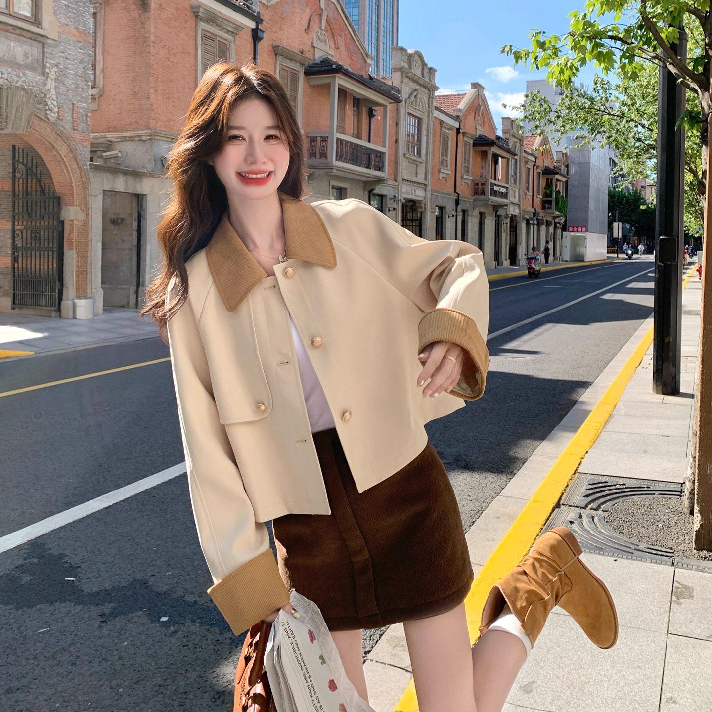 Women s Patchwork Lapel Trench Coat: Stylish, Age-Reducing, Casual Autumn Jacket S (up to 50kg) хаки