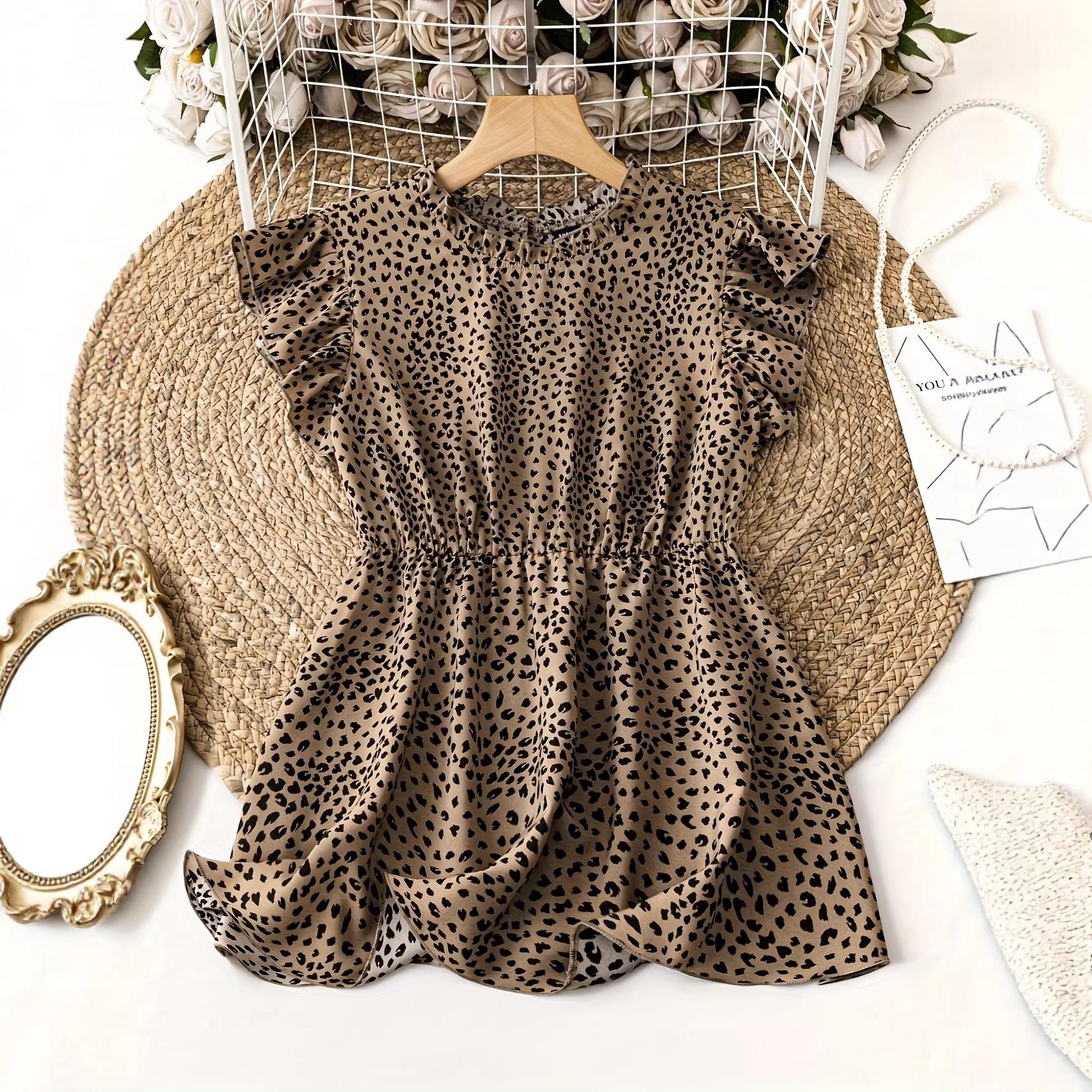 Womens Leopard Print Ruffle Sleeve Elegant Summer Dress S
