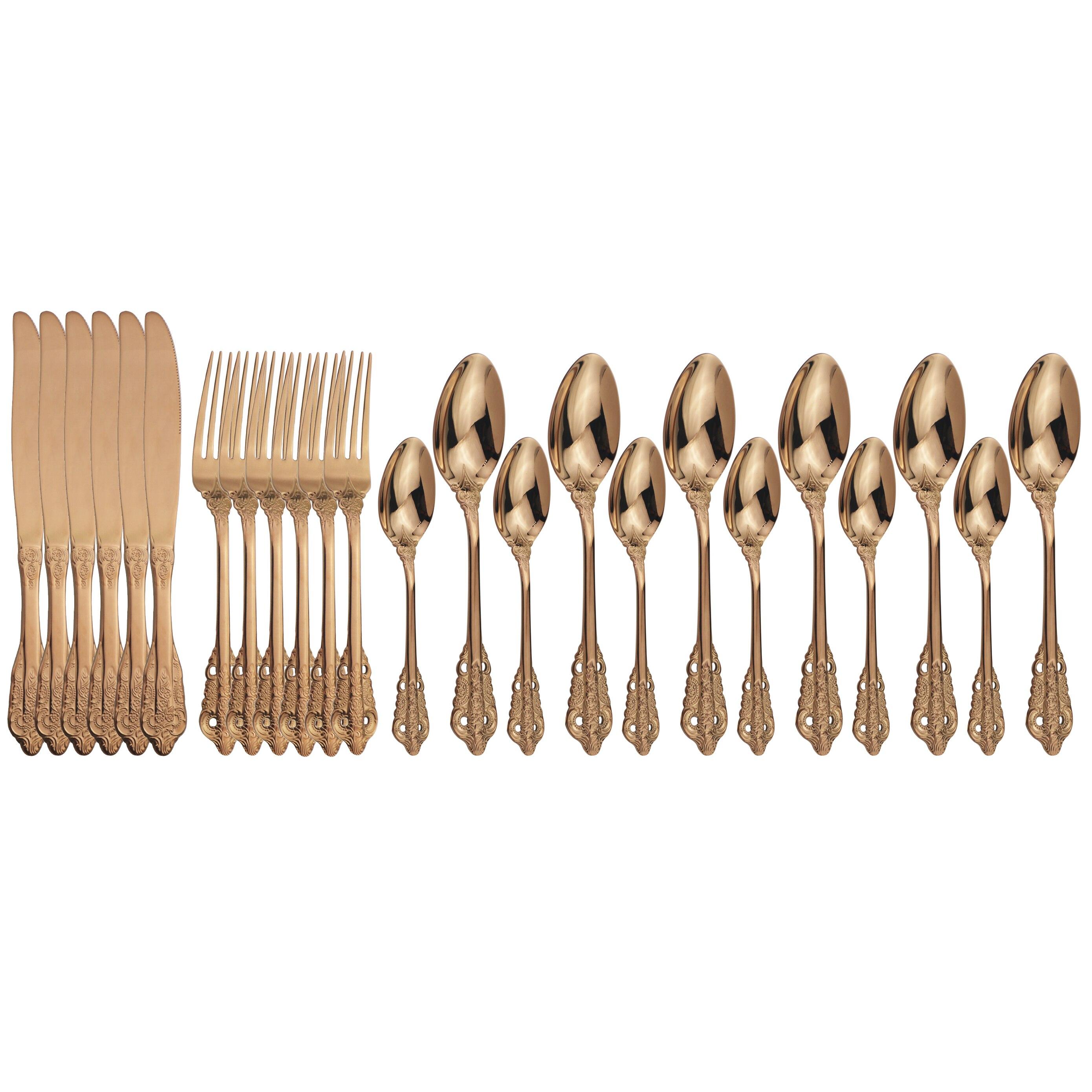 

Винтажные позолоченные столовые приборы в стиле вестерн, 24 шт./компл., обеденные ножи, вилки, набор чайных ложек, роскошная посуда из нержавеющей стали, набор посуды розового золота