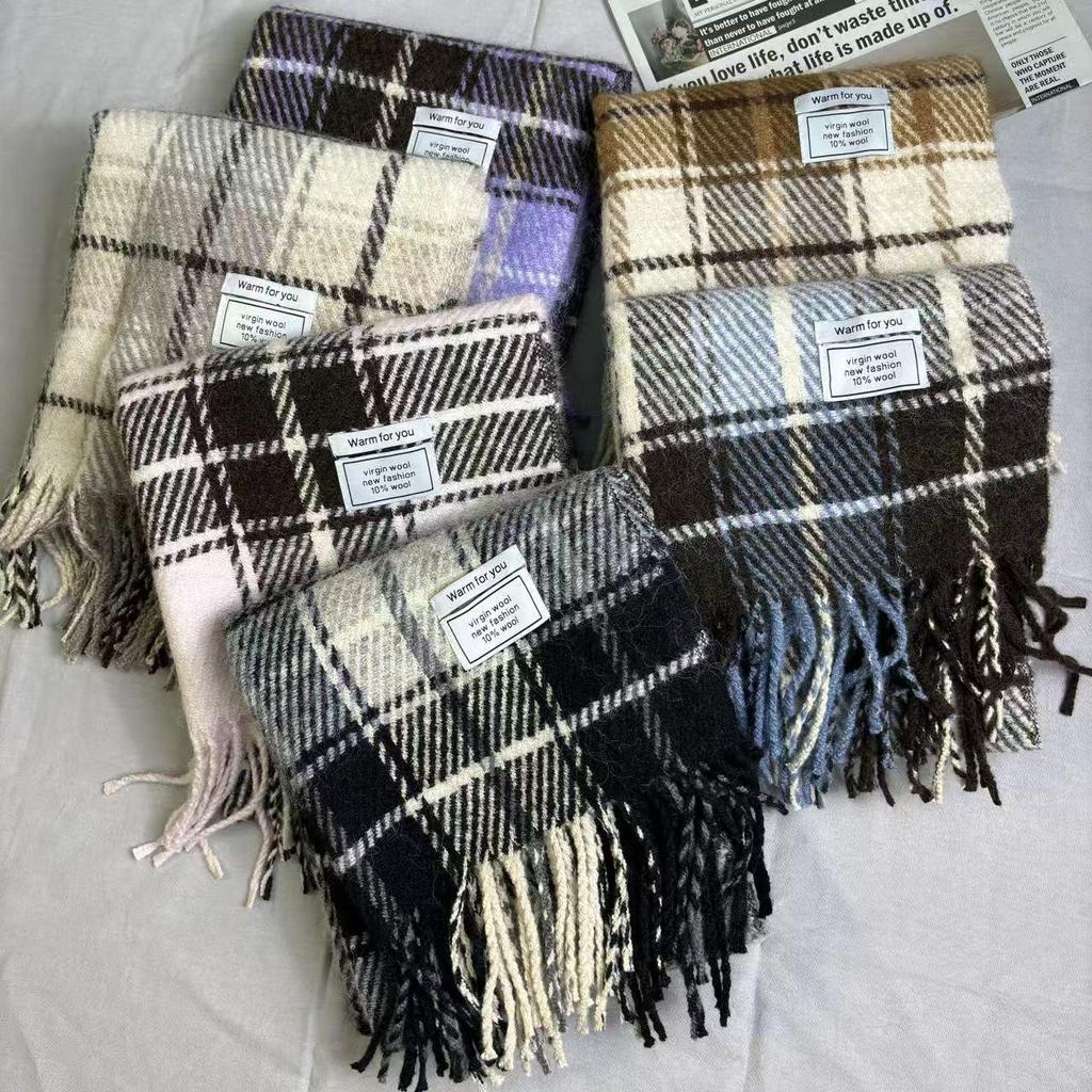 Women's Wool Blend Plaid Tassel Scarf - Warm, Thick, Versatile Korean-Style Shawl for Autumn/Winter