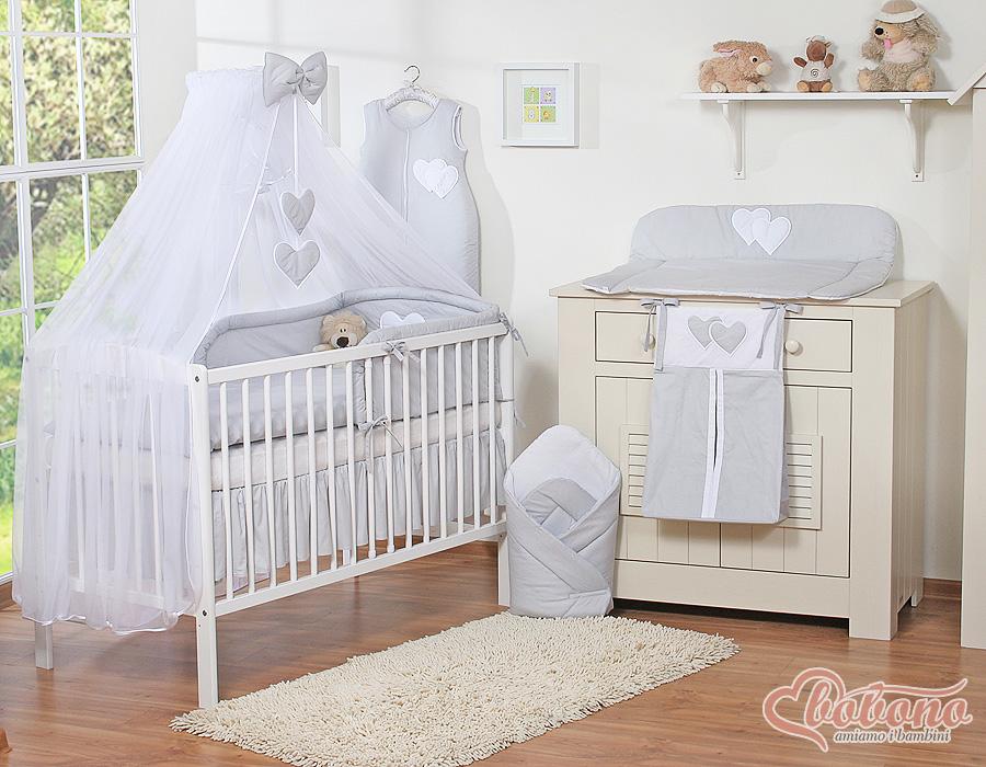 Großes Moskitonetz für ein Babybett aus weißem Chiffon mit Herzen und einer Schleife - graue Aufhänger