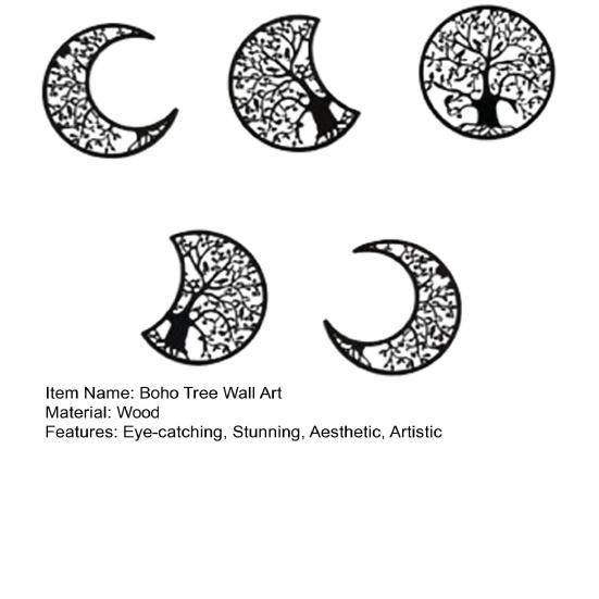 Yousheng 5 Pcs Black Tree Wall Decor Tree of Life Moon Phase Boho Wall Art Aesthetic Hollow-out Farmhouse Hanging Decor for Living Room