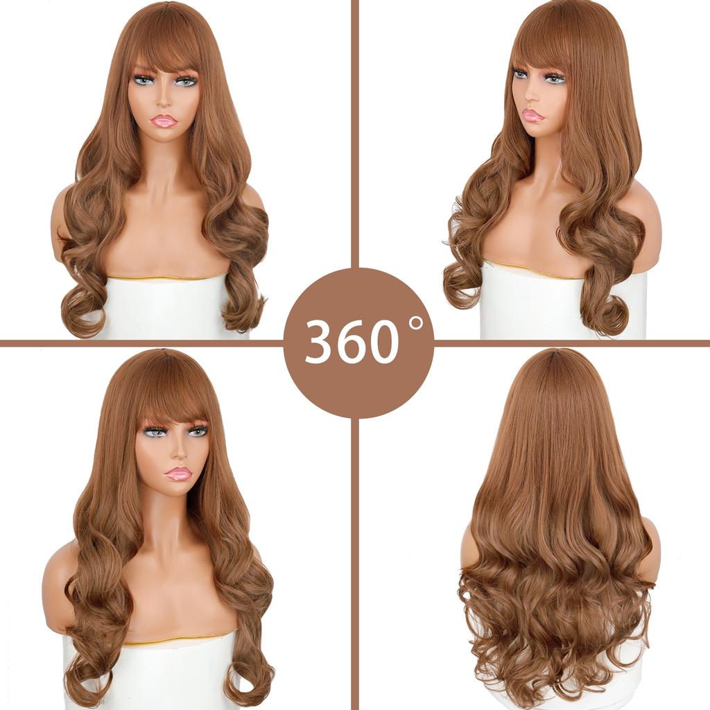 XINRAN Long Wavy Wigs for Black Women African American Synthetic Hair Pink Brown Wigs with Bangs Heat Resistant Wig