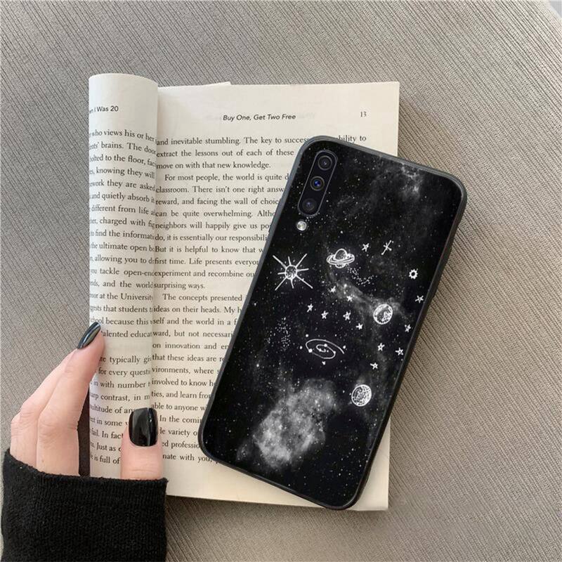 Black With White Moon Stars Space Astronaut Phone Case For Samsung Galaxy A7 A50 51 A70 80 A40 A20 A30 A8 A6 A8 Plus A9 A71