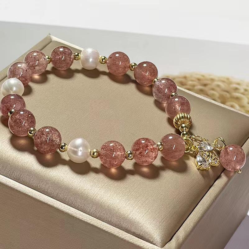 Freshwater Pearl Strawberry Crystal Bee Bracelet Bangles Women Fashion Jewelry Accessories Gift