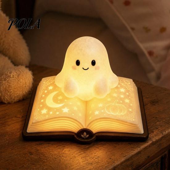 Safe Bedside Lamp for Kids Magic Book Ghost Night Light, Resin Tabletop Warm Glow with Moon Gift Lovers Star Relief, Cute Sleeping Light Bedroom,