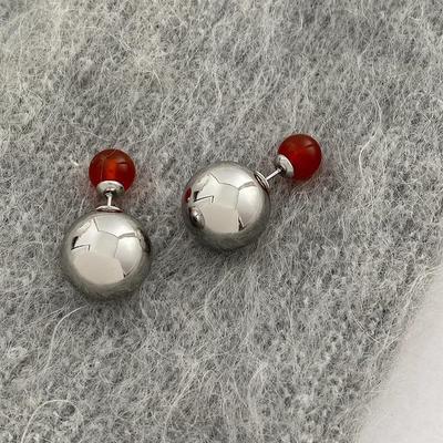 Red Agate French Metal Round Ball Earrings: 2024 New Niche Design, Light Luxury, Wearable Front & Back.