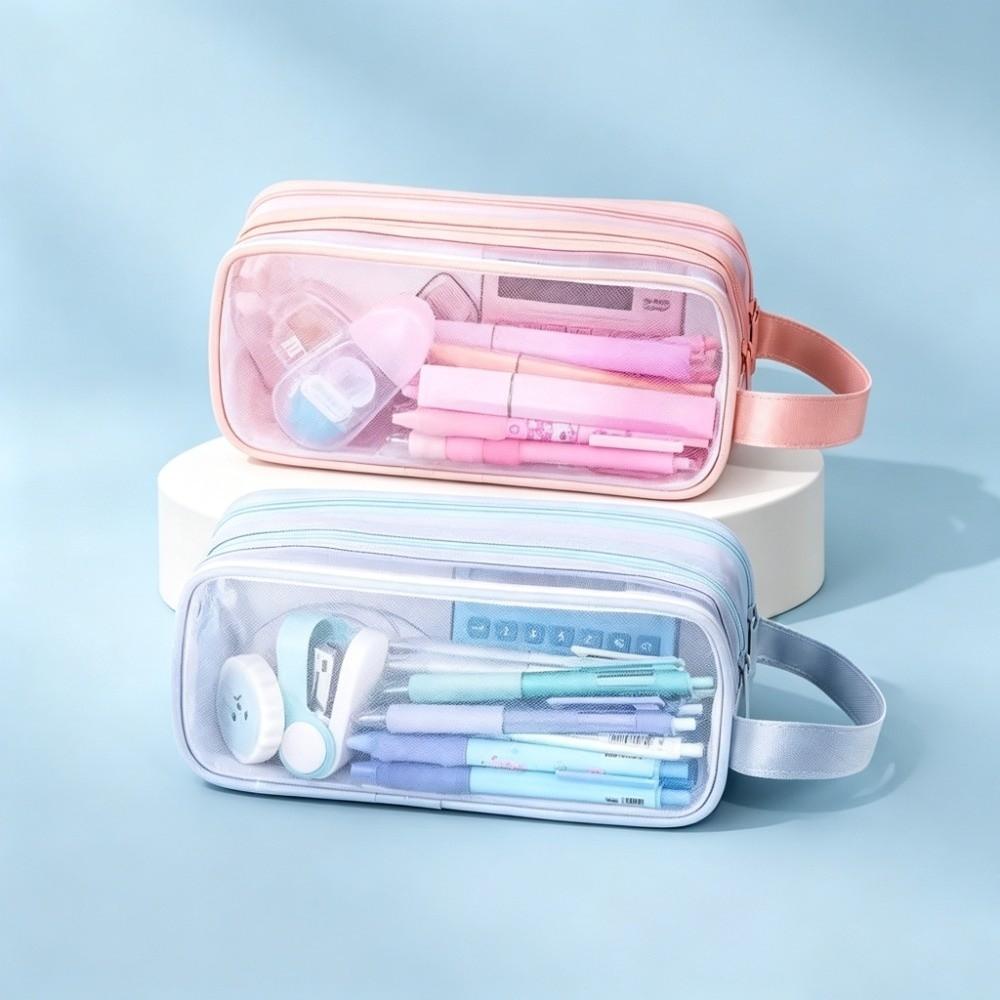 Portable Design Mesh Pencil Case Clear Transparent Stationery Storage Box For School Students