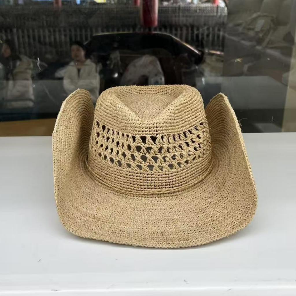 Natural raffia hollow woven hat women's summer vacation big eaves sun protection hat retro western denim sun hat