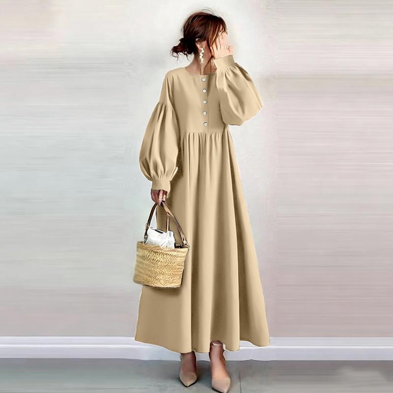 ZANZEA Lässiges Damen-Kleid mit Rundhalsausschnitt, langen Ärmeln und lockerem langem Kleid