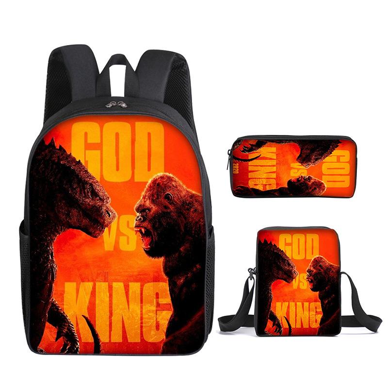 2021 Godzilla Wars King Kong School Bag Three-Piece Combination Set Primary And Secondary School Students Printed Backpack Cartoon School Bag