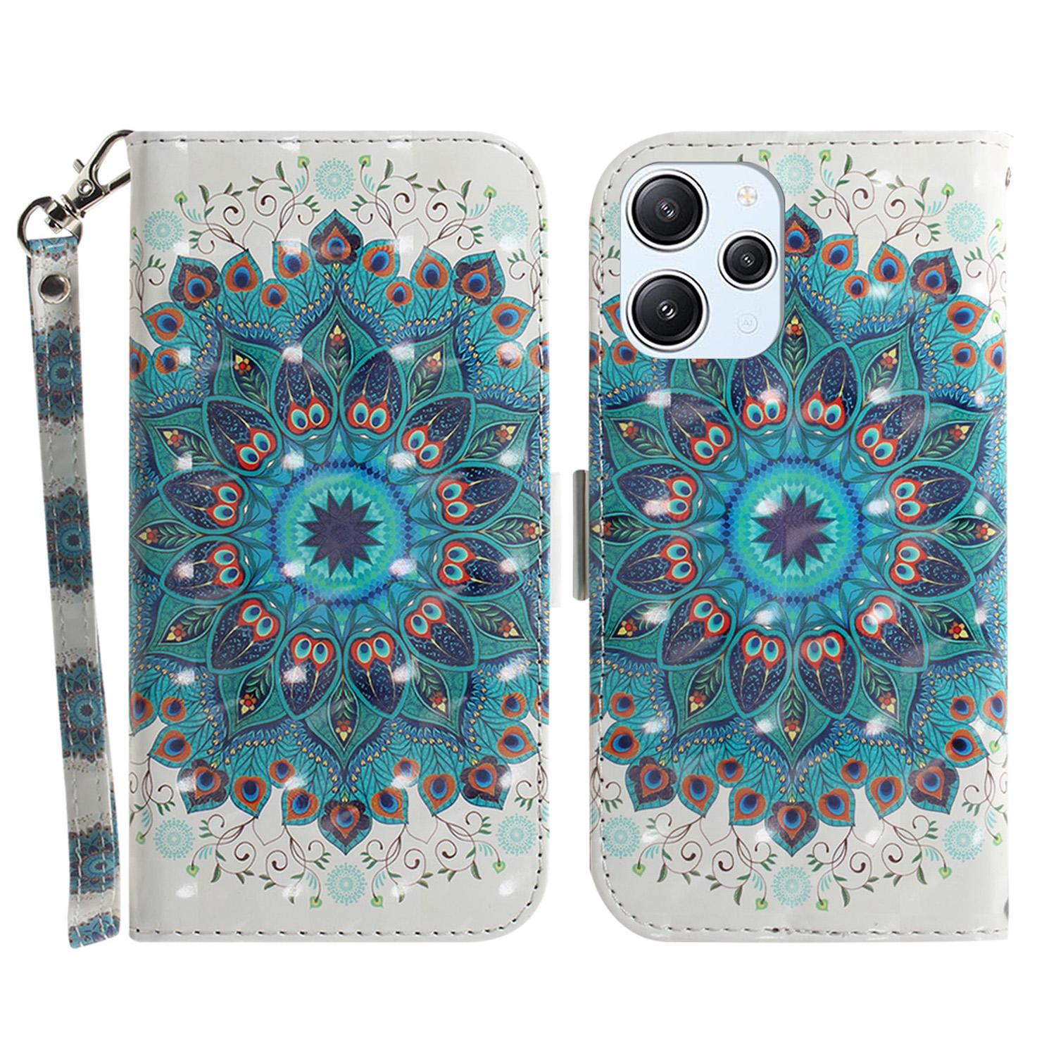 

Wallet Phone Case for Xiaomi Redmi 12 4G,3D Pattern Printed PU Leather Stand Cover with Strap Peacock Wreath