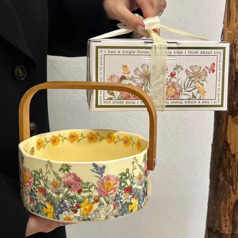 

Medieval Style Flower Fruit Plate Household Living Room Coffee Table Ceramic Hand Basket Dried Fruit Plate Snack Plate Gift 800ml