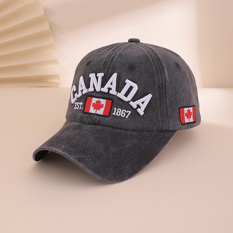 Fashionable and Retro Washed Embroidered Letter Maple Leaf Soft Top Baseball Cap, Simple and Versatile Adjustable Baseball Cap