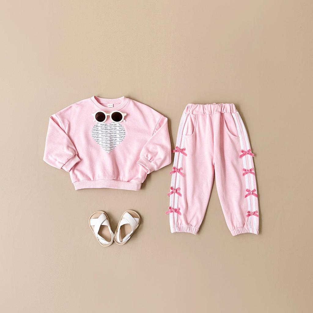 Children's Wear 2026 Spring/Autumn Heart Print Top & Bowknot Pants Girls' Set