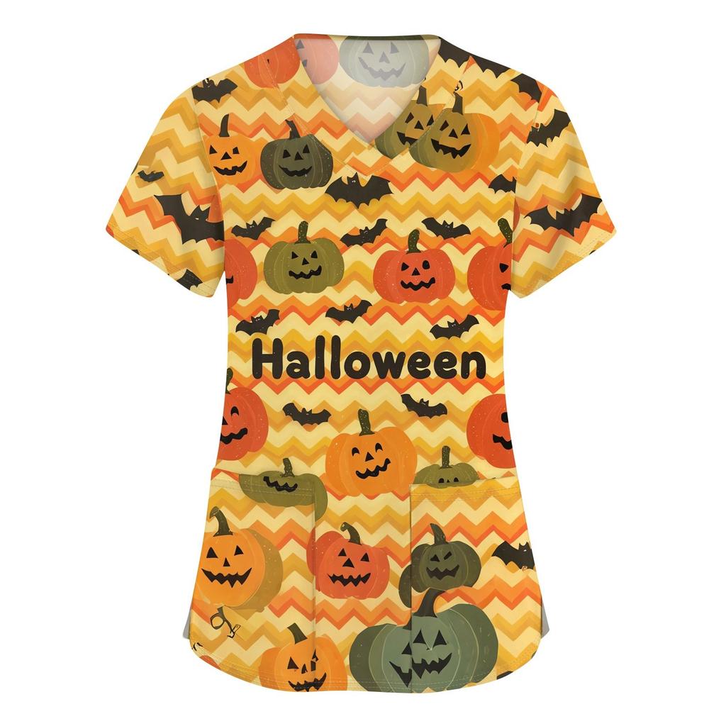 Damenmode V-Ausschnitt Kurzarm Arbeitskleidung mit Taschen Halloween bedruckte Tops