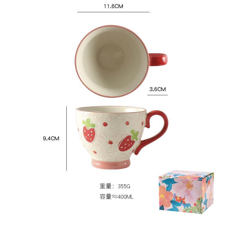 Ceramic Strawberry Cup Large Capacity Breakfast Milk Mug Creative Fruit Pattern Dessert Cup Afternoon Tea Flower Tea Coffee Mug