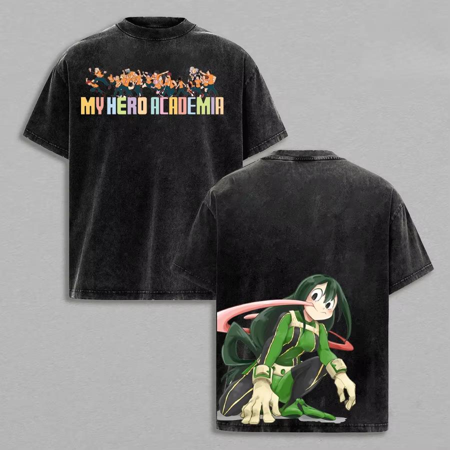 Anime My Hero Academia Midoriya Izuku OCHACO URARAKA Graphic Print T-Shirt Men Women Retro Washed O-neck Cotton Loose Casual Oversized Summer New Tee