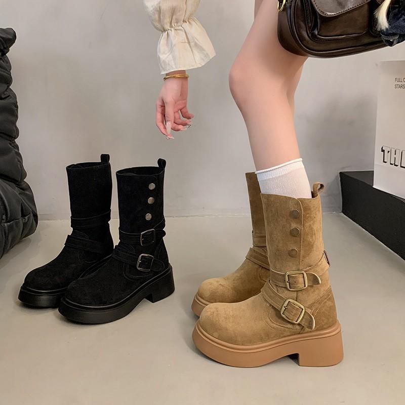 [Fanfna] The belt buckle is folded and two short boots are worn. Women's 2025 autumn new thin leg western straight knight boots