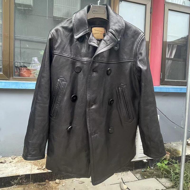 American retro navy medium and long coat full vegetable tanned goatskin large lapel double-breasted leather leather jacket men