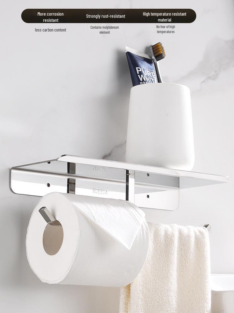 Punch-Free Stainless Steel Toilet Paper Holder with Mobile Phone Shelf