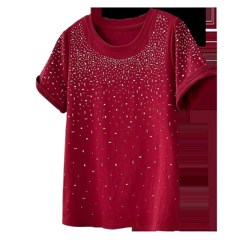 Summer 2026 Plus Size Women's Chic Rhinestone Round Neck Short Sleeve T-shirt